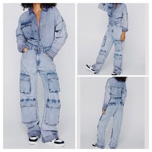 Nasty Gal Womens 4 Denim Cargo Trucker Coveralls Wide Leg Jumpsuit Utility